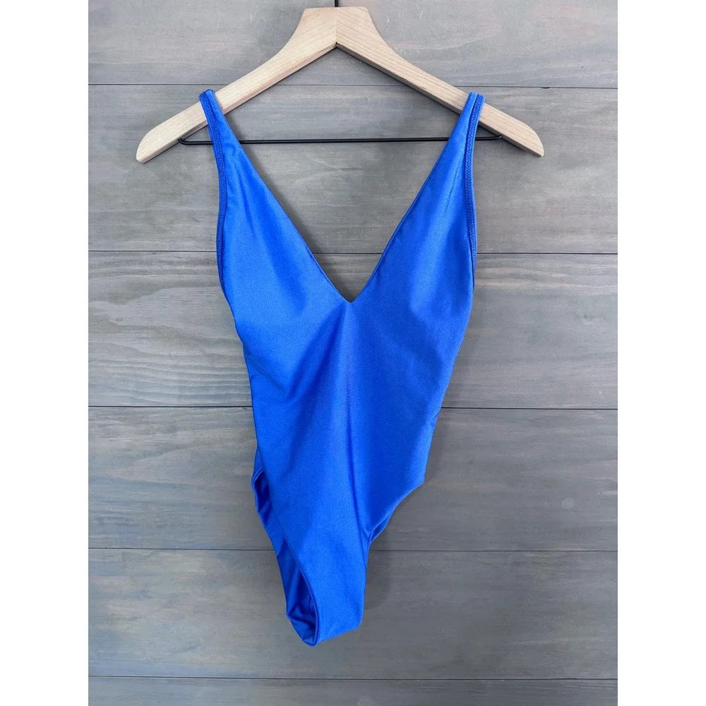 Gigi C Bikinis Womens Blue Plunge Neck Low Back One Piece Swimsuit S Free People